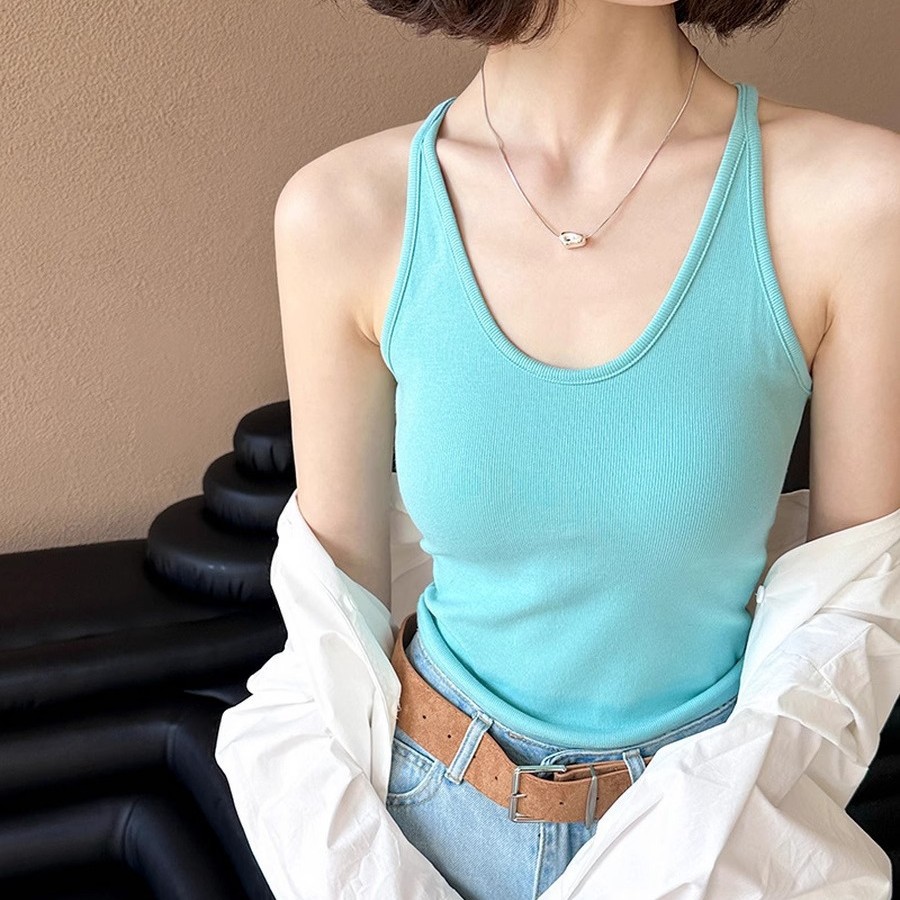 夏装新款纯色V领吊带背心女无袖百搭外穿超好看减龄时尚修身上衣